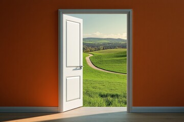 Fototapeta premium white door opening to a green field 