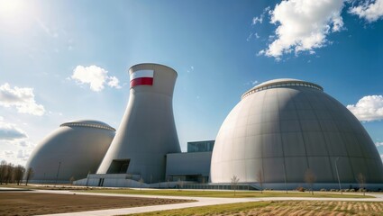 Radiant Nuclear Complex. Futuristic-looking nuclear power plant with Polish flag and sleek, white domes.