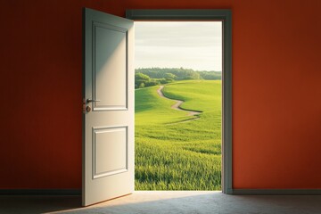 white door opening to a green field
