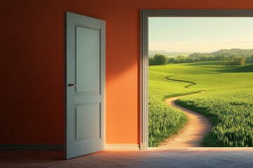 white door opening to a green field
