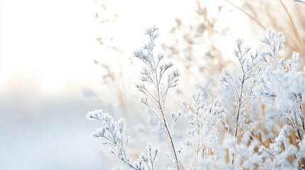 Frost-covered wild grasses glisten in the soft winter sunlight, creating a serene and delicate natural landscape with ethereal beauty and tranquility.