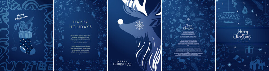 Vertical Decorative Blue Christmas Poster Designs. Merry Christmas and Happy New year greeting cards with copy space. Silhouette of reindeer profile. Xmas tree copy space. Xmas decoration pattern. 