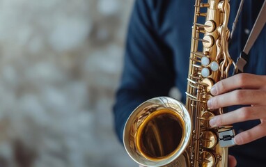 Obraz premium Musician playing a saxophone in a soundproof studio, natural expressions and vibrant atmosphere