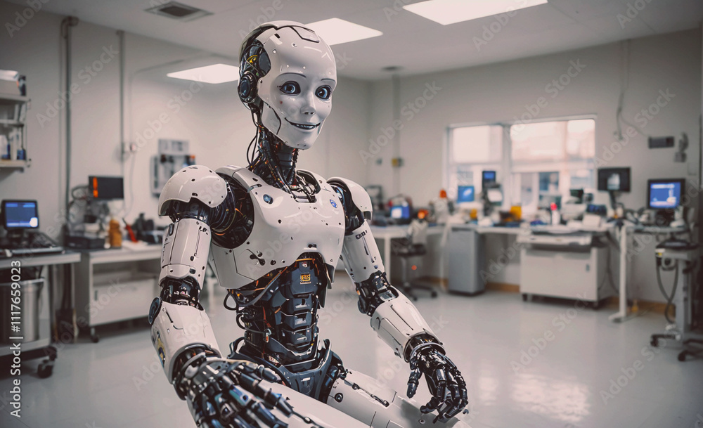 Poster A robot is sitting in a room with a computer monitor. The robot is smiling and he is happy