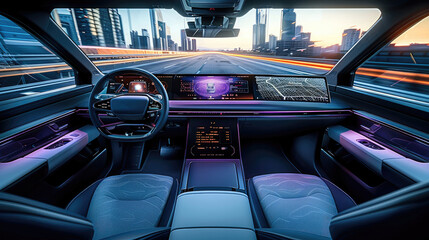 Electric Vehicle, interior of a moving electric vehicle, highlighting the advanced technology of electric vehicles through a touch screen, a camera display on the dashboard, and holographic controls.