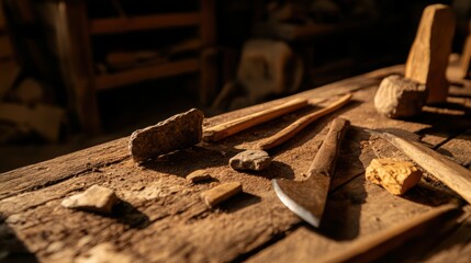 Close-up of ancient stone tools, sharp flint knives, and polished axes on a weathered wooden surface, symbolizing prehistoric craftsmanship and the dawn of human ingenuity