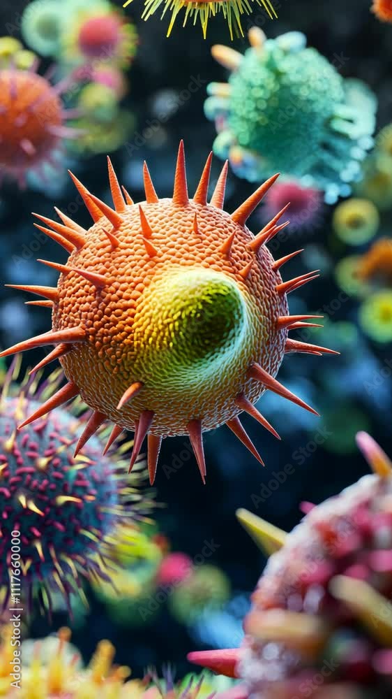 Poster colorful close-up view of vibrant microorganisms under the microscope showcasing intricate structure