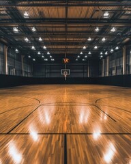 A spacious indoor basketball court with polished wooden floors.