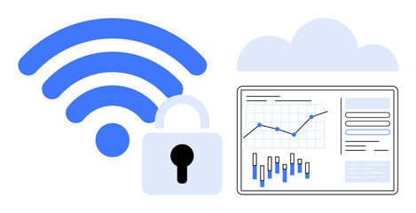 wireless signal with padlock symbol, data analytics on a screen, and cloud icon. Ideal for cybersecurity, cloud services, data protection, analytics, technology solutions, online security, and IT