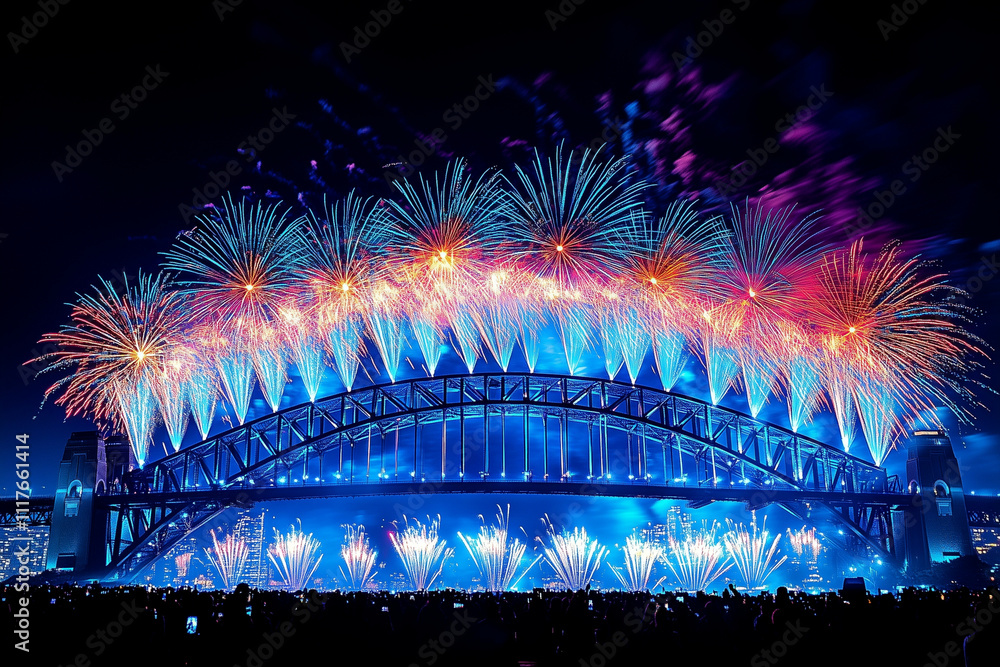 Poster telephoto shot capturing a sequence of fireworks exploding over the bridge