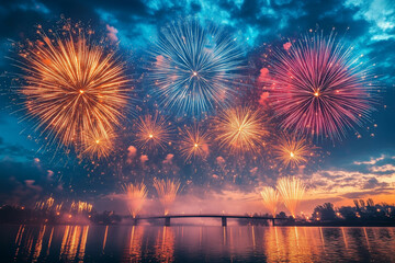 Fototapeta premium Wide shot of a bridge and river, fireworks launching high into the air