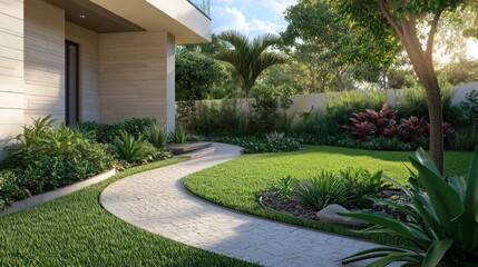 Modern home's lush tropical garden with curved pathway.