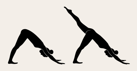 Woman doing Yoga, Pilates. Slim girl doing yoga. Hand drawn black silhouette Vector illustration. Downward facing dog pose. Health care and lifestyle concept. Female yoga.