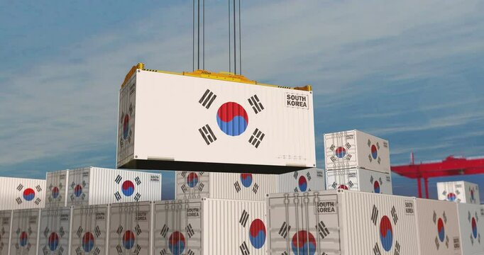 South Korea export production and import containers cargo crane. Business concept of transport, loading and shipping with a South Korean flag.