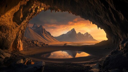Fototapeta premium Sunset Symphony from a Cave's Embrace: Icelandic Landscape