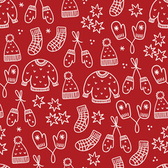 Christmas outline seamless pattern with sweaters, socks, mittens, stars, snowflakes on red background. Perfect for wallpaper, gift paper, winter greeting cards. Vector hand drawn illustration
