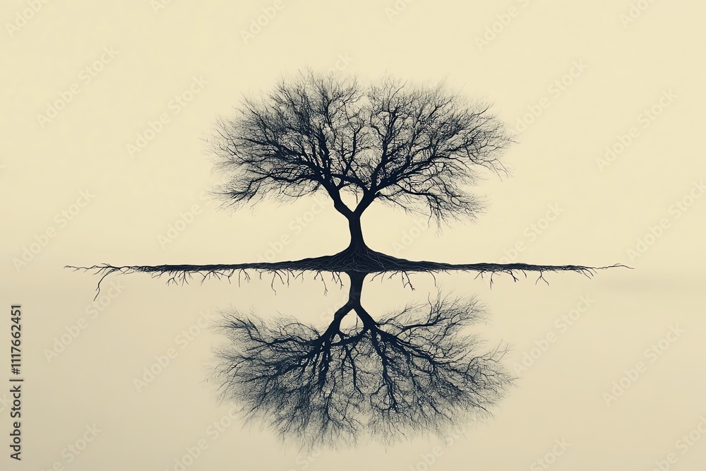 Poster A solitary tree with intricate roots reflected in calm water, symbolizing balance and nature.
