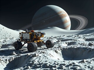 Exploring the moon s surface with a rover beneath the majestic rings of a gas giant, digital art of science fiction concept.