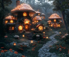 3D illustration of a bustling fairy tale village, featuring cozy houses with mushroom roofs, glowing lanterns, cobblestone streets, and vibrant flowers