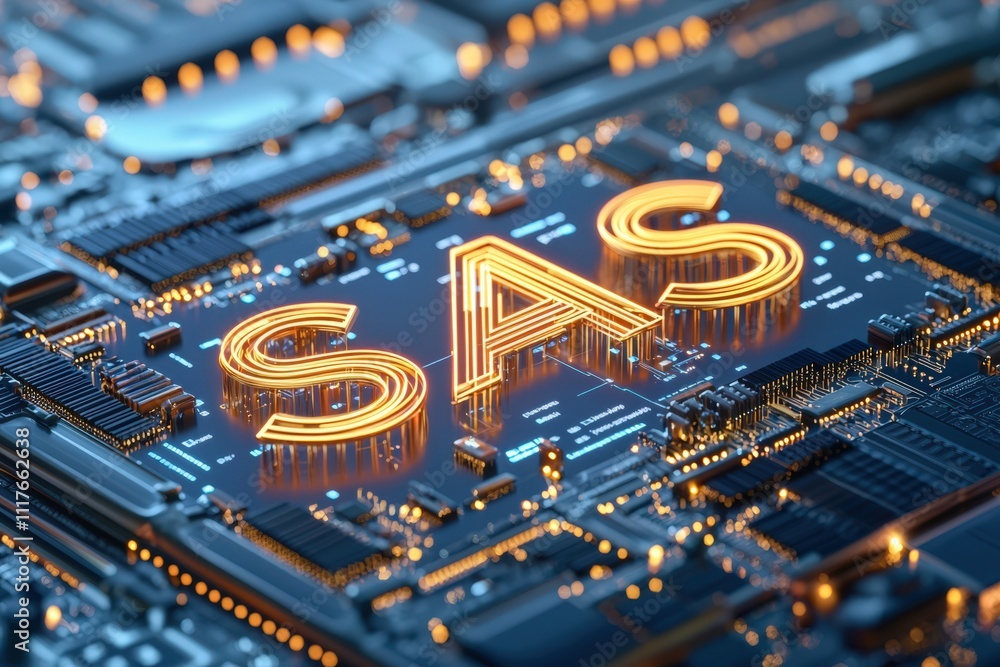 Poster saas software as a service graphic with metallic circuits and microchips