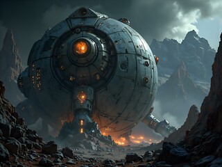 Obraz premium Ancient orbital vessel found amidst alien mountains in a post apocalyptic landscape, digital art of sci fi concept.