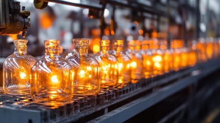 Glass Bottles on a Conveyor Belt in a Factory