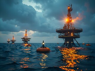 Obraz premium Illuminated oil platforms at dusk amidst dramatic clouds on a calm sea, photography of landscape concept.