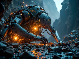 Futuristic robot crawling through a dimly lit canyon of shimmering stones and glowing lights, digital art of sci fi concept.