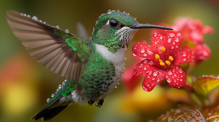 Obraz premium Vibrant Hummingbird Hovering by a Dew-Kissed Red Flower in Natur