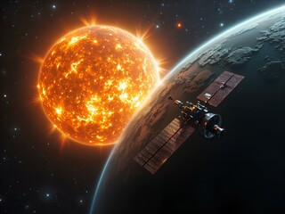 Futuristic satellite orbiting a fiery sun above a distant planet in deep space, digital art of space scenery concept.