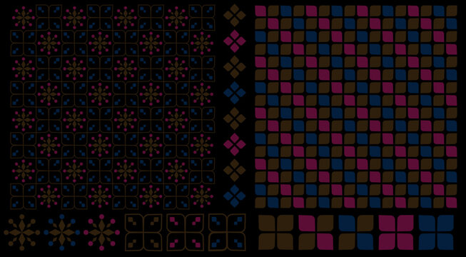 シームレスパターンテクスチャーと装飾図案デザイン「ダークなレトロモダン」黒背景（Seamless pattern texture and ornamental design "dark retro modern" black background.）