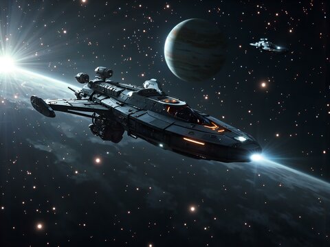 Exploring the depths of space  a futuristic ship navigating cosmic wonders, digital artwork of space exploration concept.