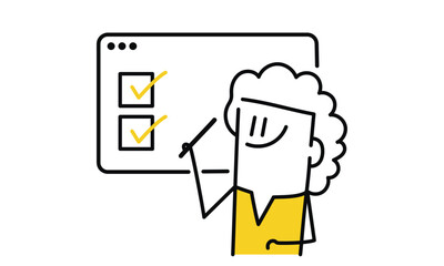 Cartoon woman is holding a pen and writing on a white board. The board has two check boxes and a smiley face. The woman is smiling. Hand drawn vector illustration. Black and white.