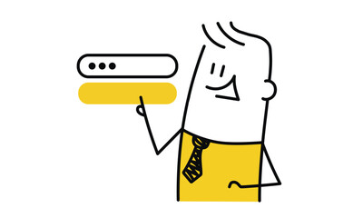 Man using search box for query, engine giving result. Hand drawn vector illustration. Black and white.