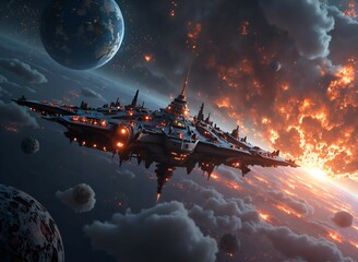 Futuristic space station amid explosive cosmic backgrounds in a distant galaxy, digital art of science fiction concept.