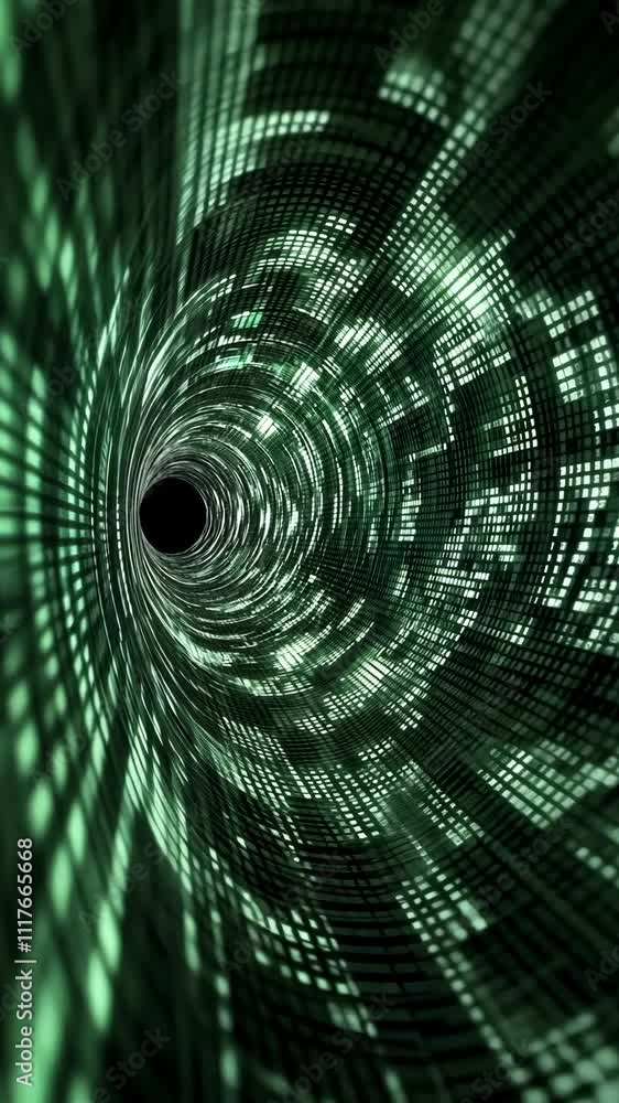 Poster swirling digital vortex with green light patterns creates an abstract representation of data movemen
