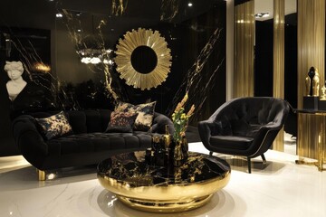 Black and Gold bold and luxurious interior, with black furniture and golden accents, beauty salon reception area