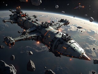 Obraz premium Futuristic spacecraft navigating asteroid field in deep space, digital art of sci fi concept.