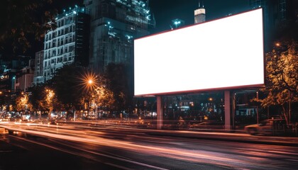 A blank billboard in a bustling city at night, illuminated by lights.