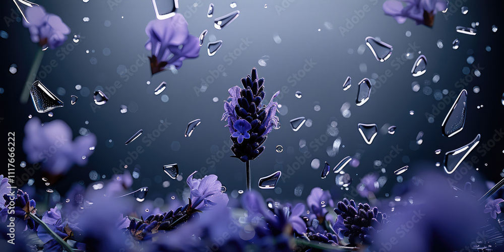 Poster A wet lavender and broken glass shards with raindrops around it exploding and jumping.