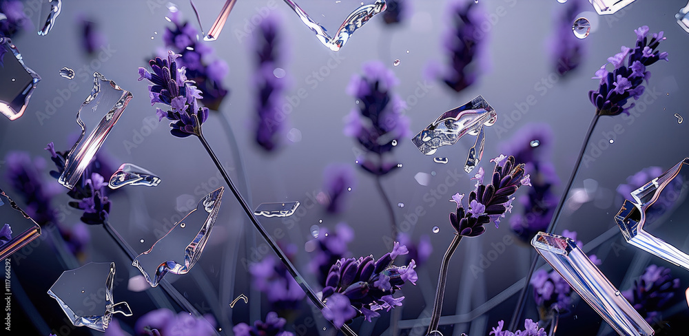 Poster A wet lavender and broken glass shards with raindrops around it exploding and jumping.