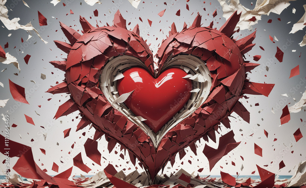 Poster A heart made of paper with a lot of paper pieces surrounding it. The heart is red and has a lot of paper pieces scattered around it, giving it a broken and fragmented appearance