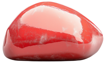 A shiny, smooth red gemstone with reflective surface