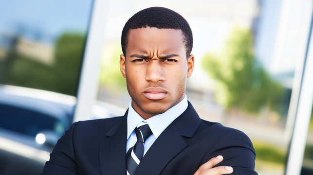 Confident young Black man with a muscular build in a tailored suit and tie, arms crossed, expressing strong emotions of anger, surprise, or disapproval in a professional business setting