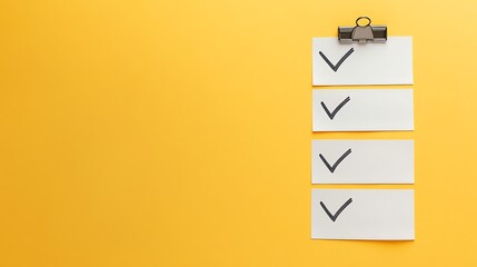 A checklist with four completed items and a binder clip on a yellow background.