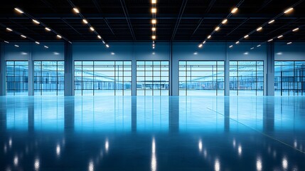 Fototapeta premium Interior design of an empty warehouse with sleek shelving units and a spacious, open-plan layout in 3D rendering.