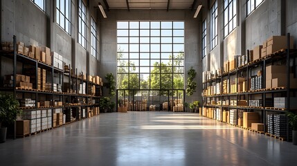 Fototapeta premium Industrial-style empty warehouse with shelving units, large windows, and minimalist decor in 3D