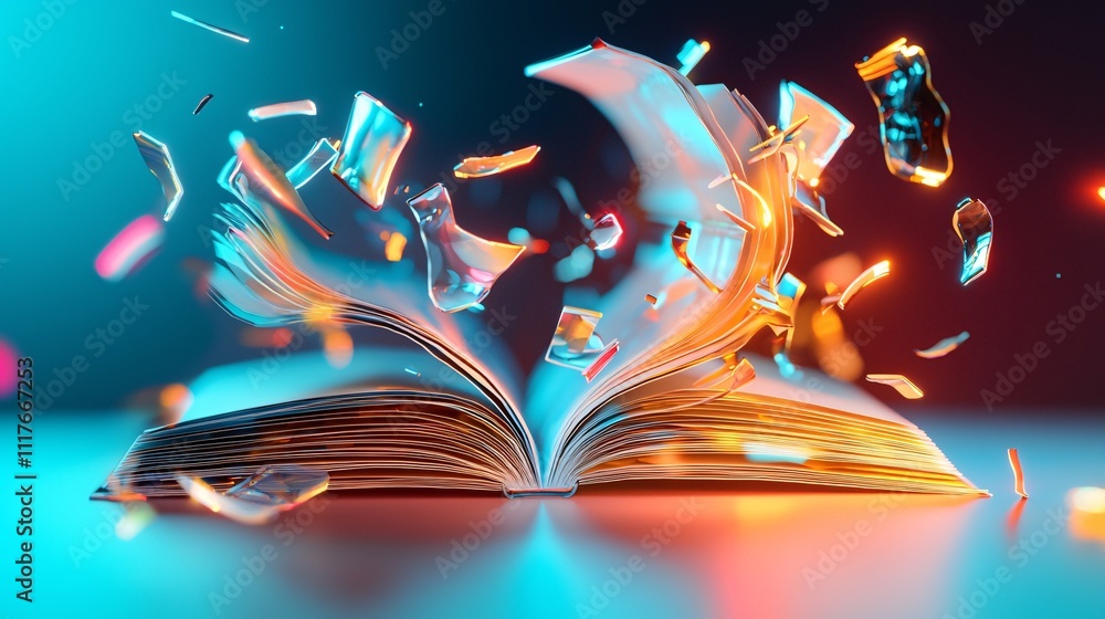 Poster education technology and online learning platforms concept. dynamic book pages with floating shatter
