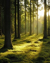 Obraz premium A serene forest scene with sunlight filtering through tall trees.