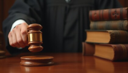 A judge's hand firmly grips a wooden gavel, poised to strike the sound block, symbolizing authority and decision-making in a courtroom. Behind, a stack of leather-bound law books adds a scholarly